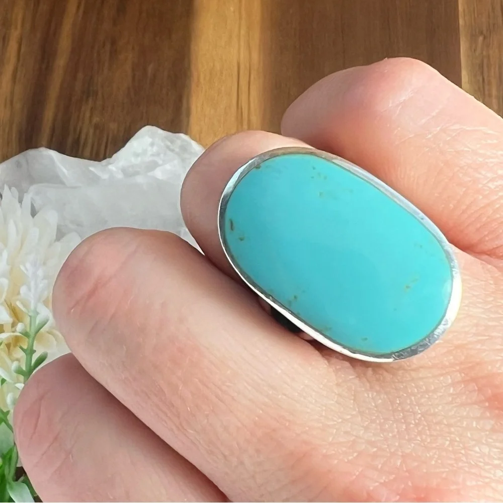 VINTAGE Turquoise Ring Size 7 Solid Sterling Silver 925 Chunky Ring - Picture 2 of 11